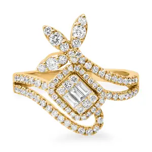 14K Gold Diamond Ring Set – Square Baguette Cluster & Leaf Accents