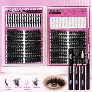 LASH SKYQD 480pcs 4 Styles D Curl False Eyelash Cluster Kit, Eyelashes Extensions, Bottom/Spike/Cat 100D/80D Volume Lash Extensions Kit With Lash Bond and Seal Tweezers, For Beginners & Pros, Easy DIY at Home & Daily Makeup
