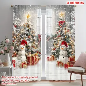 Pack of 2, 2D flat print Christmas curtains, winter snowman Christmas tree snowflakes, suitable for bedroom living room dining room holiday party home decoration, suitable for Christmas holiday gift theme