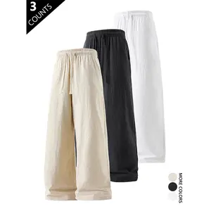summervibes3-pack pure cotton pants with a linen feel—street-style drawstring joggers that are comfortable, breathable, loose, and versatile for travel and casual wear; suitable for everyday wear and parties; multifunctional street-style athletic pants.