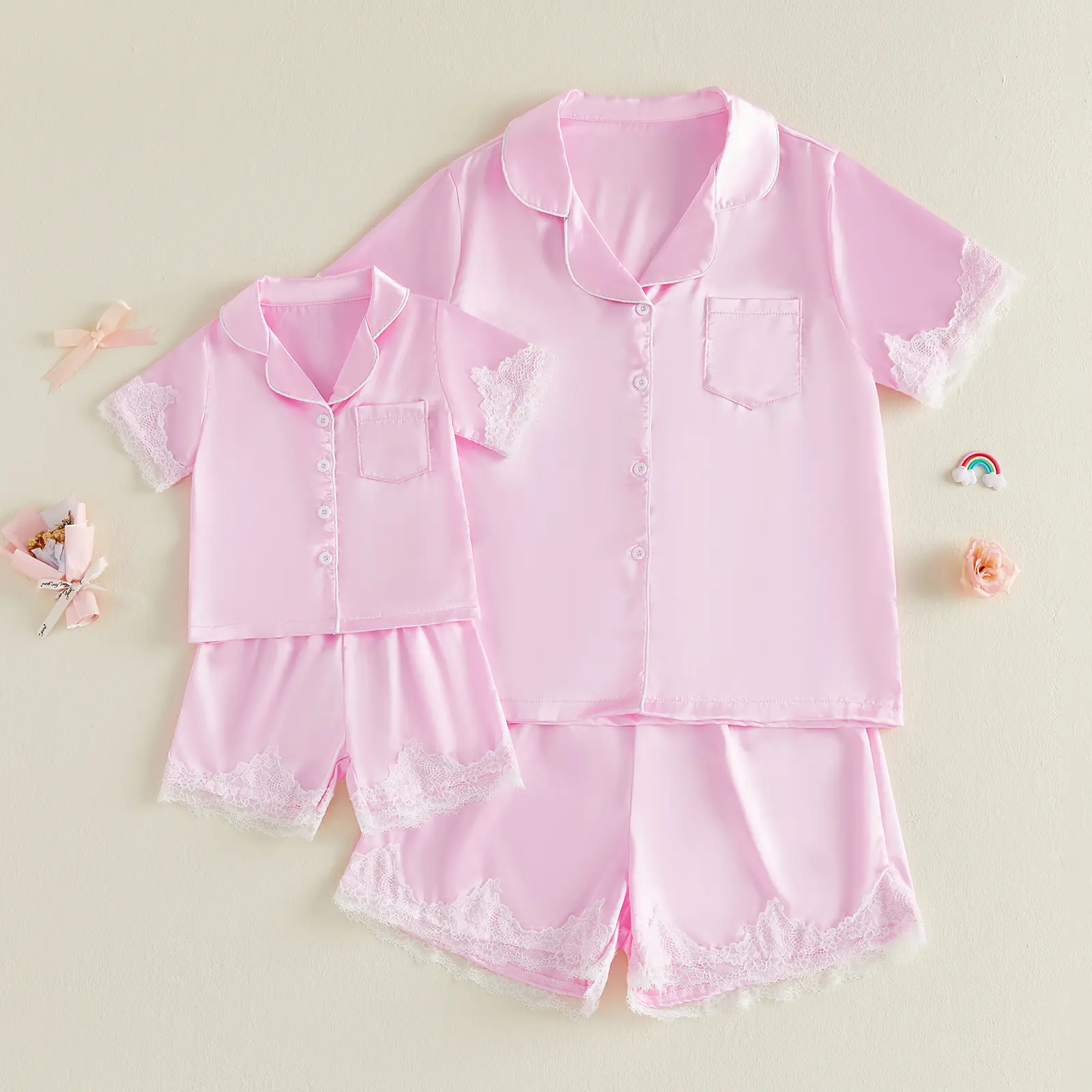 [Lullaby] Mommy & Daughter Matching Polyester Pajama Set, Elegant Lace Patchwork Short-Sleeve Satin Tops with Pants, 2Pcs Sleepwear Loungewear Pyjamas