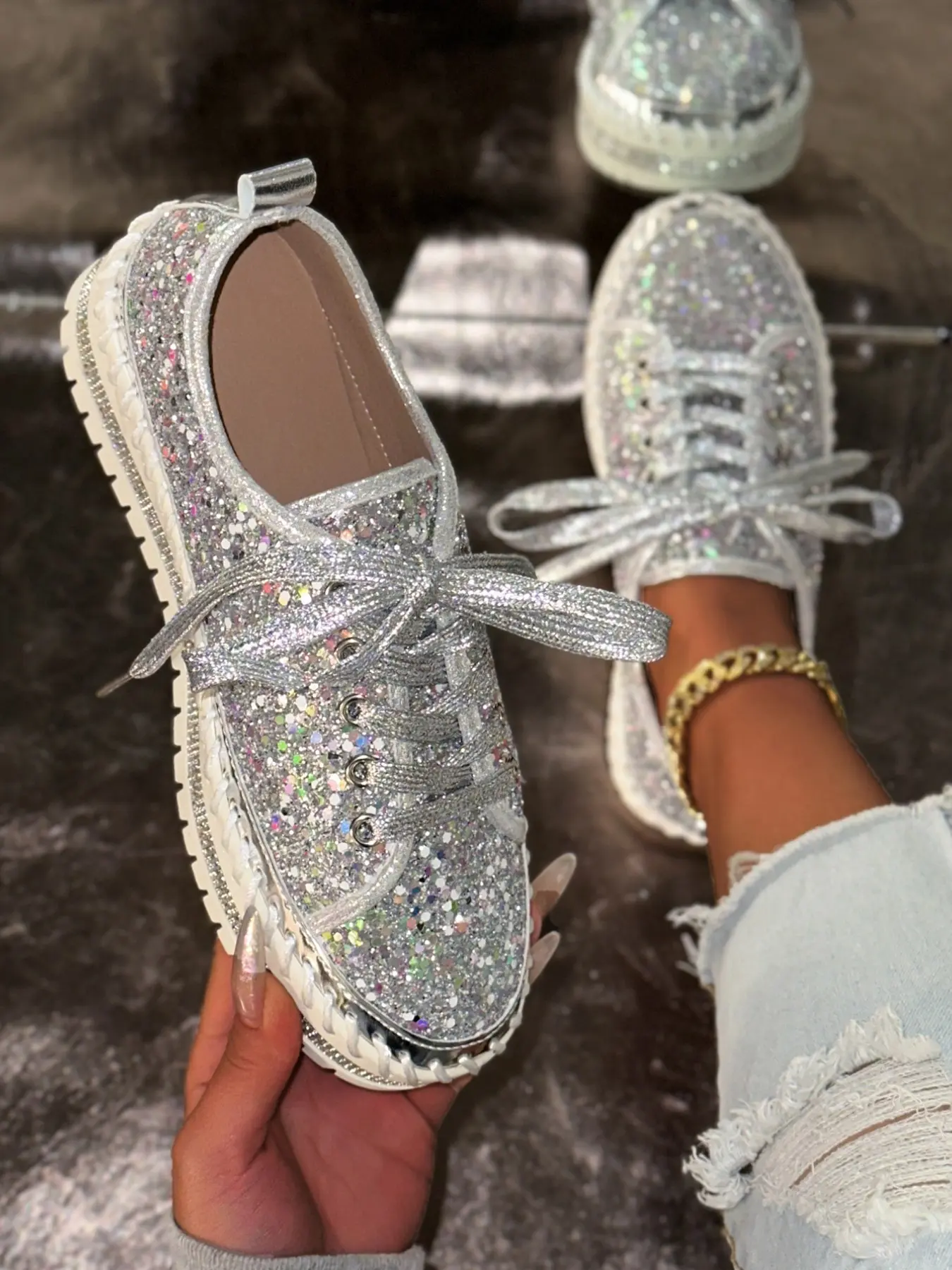 Heavy-Duty Glitter Rainbow Flash Powder Board Shoes, Thick Sole Chunky Sneakers Height-Boosting Versatile Casual Sports Shoes, Casual Sporty Trainers for Women