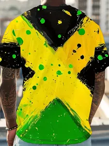 Men's Jamaica Digital Graphic Print Long Fitted T-Shirt, Fresh Design, Summer Casual Round Neck Short Sleeve, Breathable Comfort Fit, Streetwear, Menswear