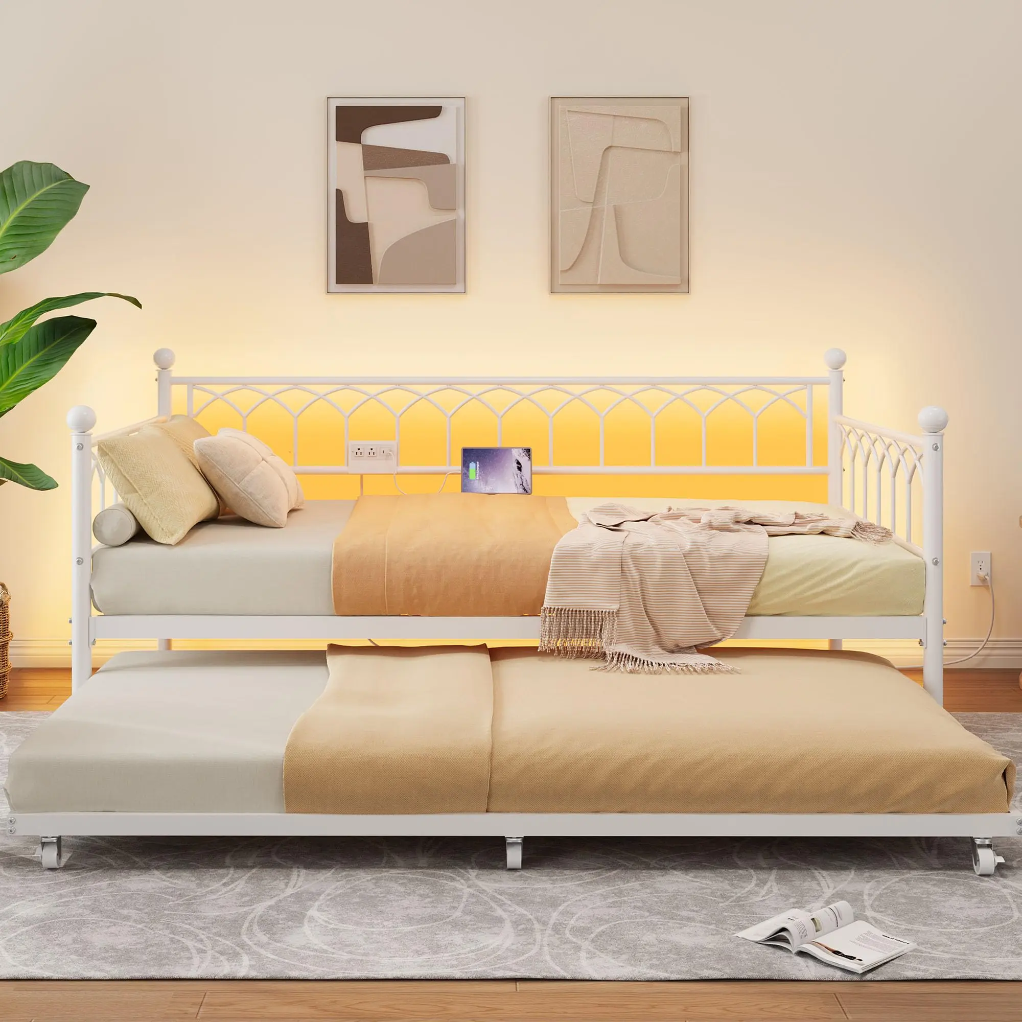 Metal Twin Daybed with Pop-Up Trundle – Heavy Duty Sofa Bed Frame with Charging Station & LED Lights – Space-Saving Convertible Twin to King – Bedroom, Living Room, Guest Room, Apartment