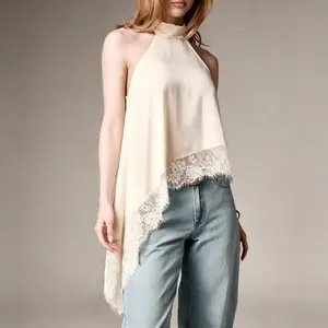Women Satin Halter Neck Top, Lace Trim Asymmetrical Hem Sleeveless Blouse Elegant Daily Evening Outfit