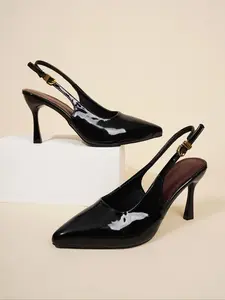 Women's Red Patent Leather Pointed Toe Slingback Stiletto Pumps, Adjustable Ankle Strap, Elegant Non-Slip Dress Shoes for Party and Wedding Wear