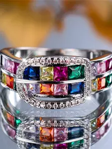 Luxury Female Small Rainbow Zirconia Stone Finger Ring Unique Rings Vintage Silver Color Wedding Band Stackable Engagement Ring Bridal Jewelry For Women