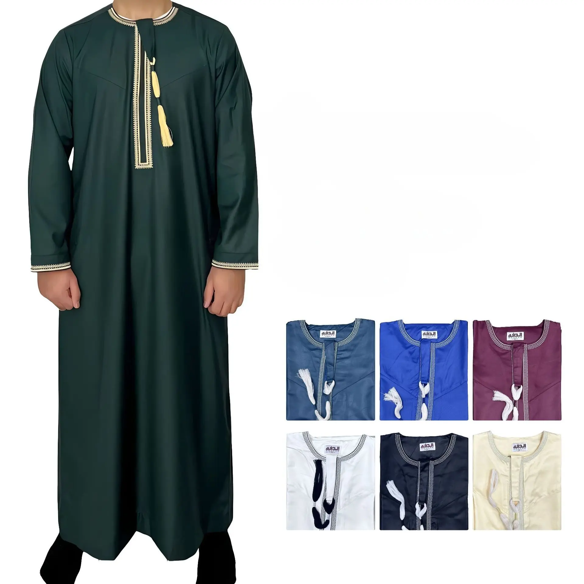 Men's Omani Thobe Robe - Saudi Arabian Floor-Length Loose Long-Sleeve All-Seasons Sport Outerwear, Embroidered Round Neck, Thick Tassel Trim, Solid Color 100% Polyester Machine-Washable Muslim Wear (4 Colors: Green, Navy, Maroon, Beige)