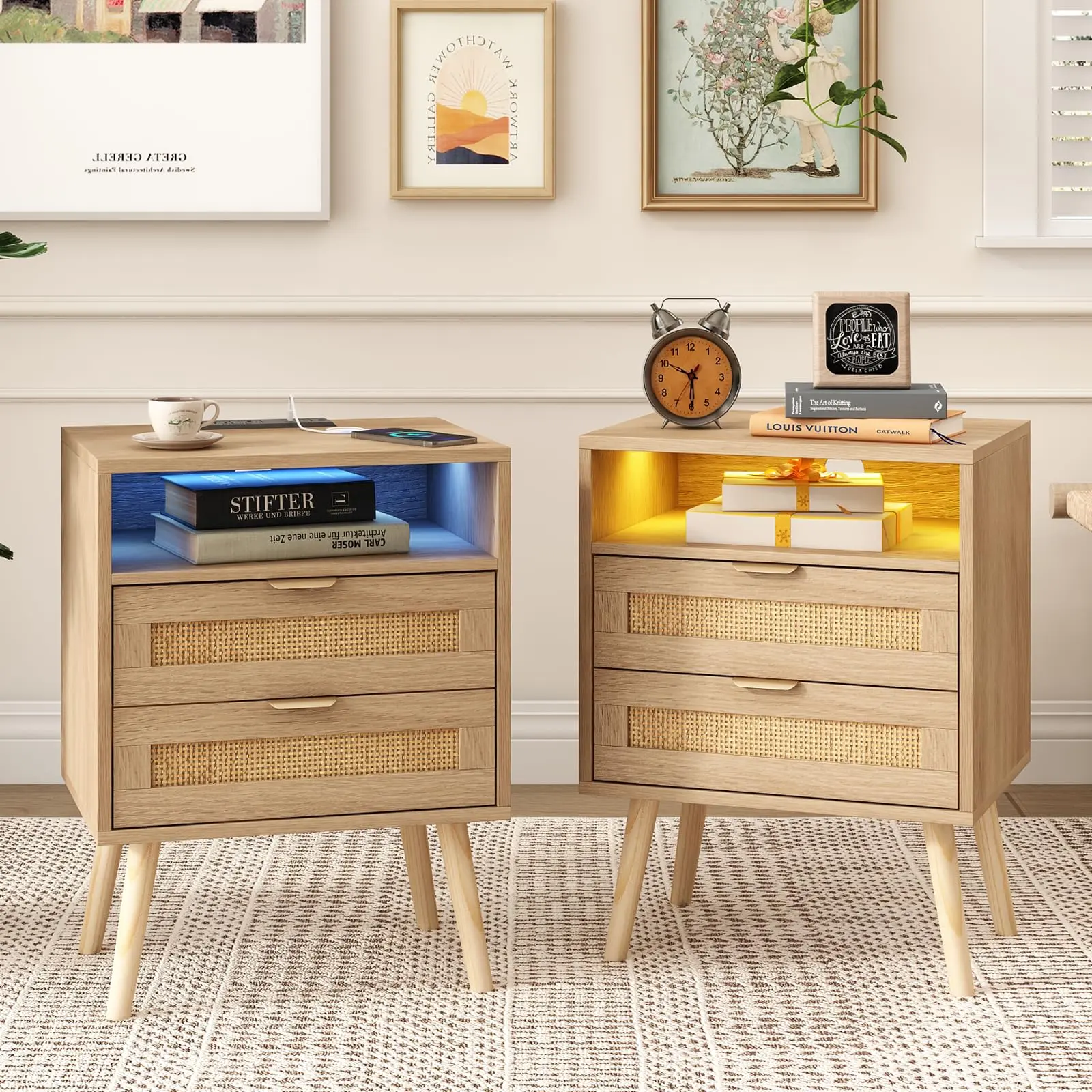 [Summergarden] Vabches Modern Rattan Nightstand - Bedside Cabinet with Charging Station, USB Port, LED Lights, 2 Storage Drawers, Bohemian End Table (13.78"D x 17.72"W x 23.62"H)