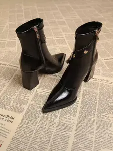 Women's Vintage Pointed Toe Short Boots, Autumn Winter Chunky Heel High Elastic Ankle Boots, Slimming Zip Thick Sole British Style Boots, Thick Heeled Boots