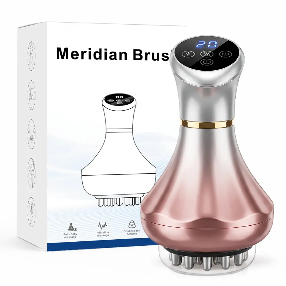 Rechargeable Handheld Body Massager, Meridian Brush with Red Light Warming Mode, Vibration and Microcurrent Contact Points for Home Use