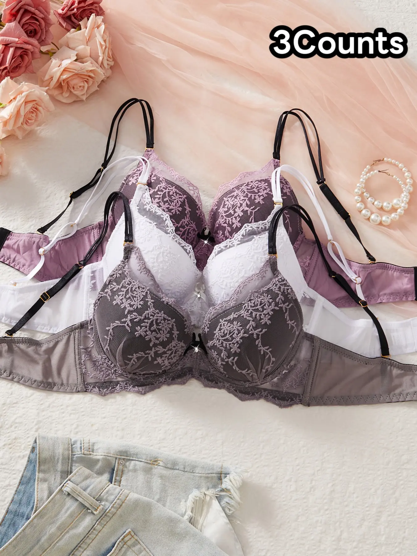 Women's Floral Lace Lingerie Bras 3-Pack, Push-Up Padded Underwire Design, Fit, Medium, Adjustable Straps & Comfortable Everyday Wear, Intimate Bra