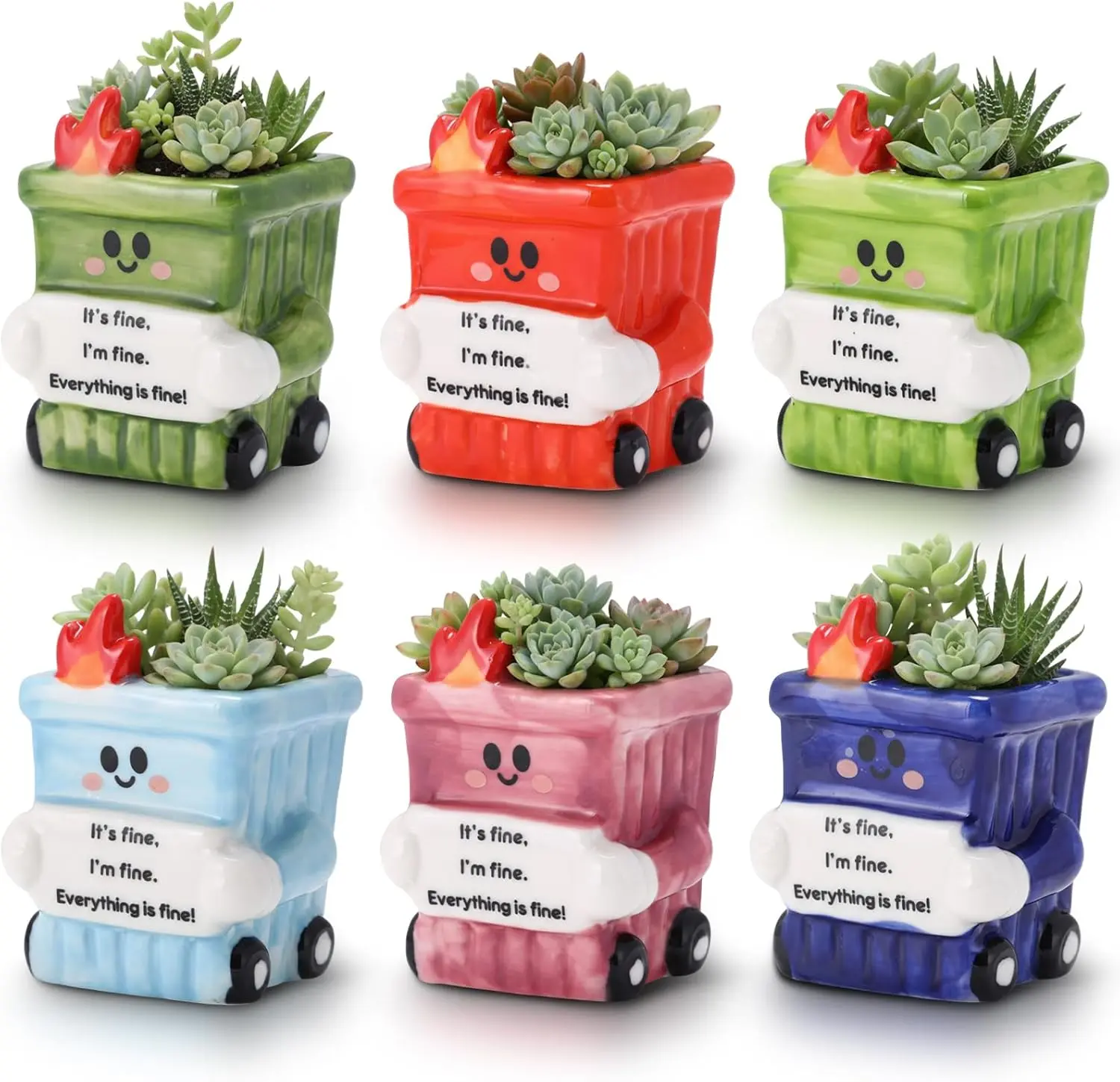 6-Pack 2.5in Dumpster Fire Ceramic Succulent Planter Pots - Succulent-Ready with Drainage Hole, Mini Cute Gardening Containers for Home Office Decoration, Office Mood Lift, Fade-Resistant Look, Christmas Housewarming Gift