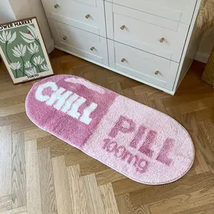 Creative Pill Shaped Rug, 1 Count Oval Tufted Rug, Chill Pill Letter Pattern Anti-slip Floor Mat, Decorative Carpet for Home Bedroom, Home Decor, Home Decor Rugs, Decorative Area Rug