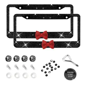 This red heart bling license plate frame features a black background with full crystal rhinestone glitter, comes in multiple color options, includes a complete set with anti-rust hardware, and adds a bold sparkle to any car exterior