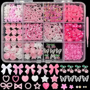 600 PCS 3D Nail Charms Set Pink and White Bow Pearl Nail Charms Butterfly Heart Rose Cherry Flower Nail Charms and Gems Y2K Nail Pearls Jewelry for Nail Art Supply