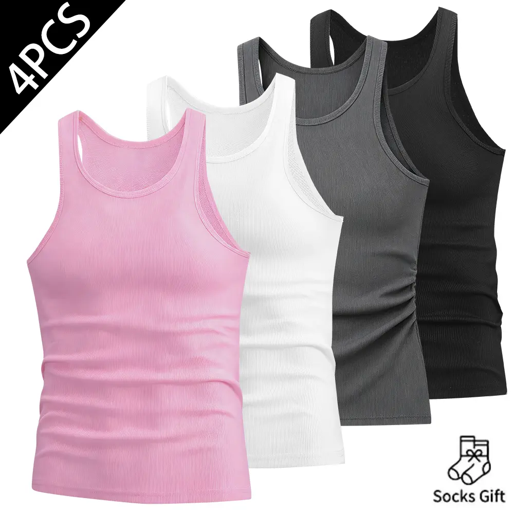 4Pcs Men Ribbed Tank Tops Slim Fit Sleeveless Workout Shirts Casual Undershirt Gym Athletic Vest With Free Socks Gift