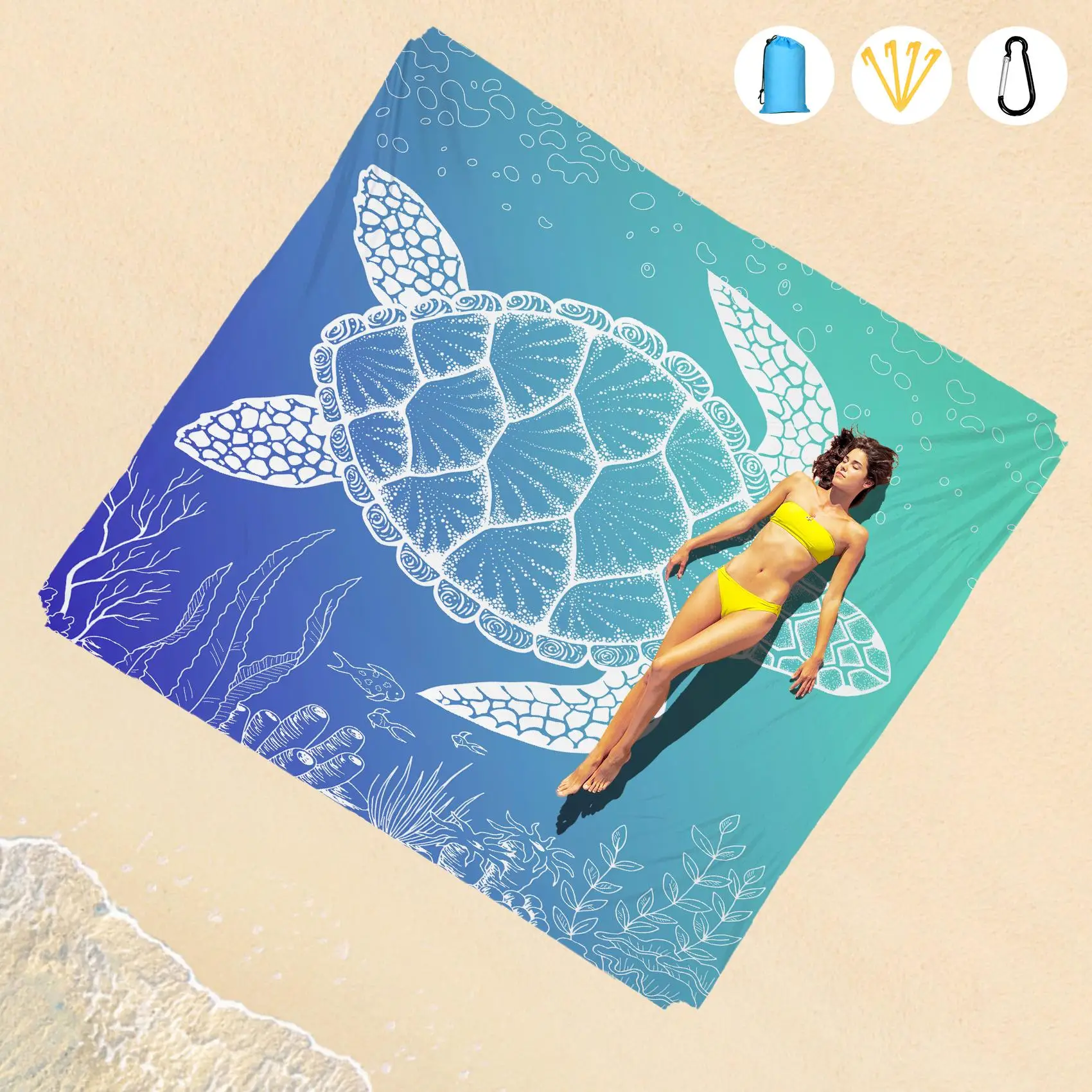 Turtle Pattern Beach Blanket, 1 Count Outdoor Waterproof & Sandproof Oversized Blanket, Outdoor Rug, Outdoor Lightweight Durable Mat for Travel Campin