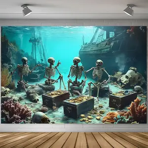1PC,2D Flat Underwater Skeleton Treasure Background Cloth, Retro Pirate Shipwreck - Themed Tapestry, Bedroom & Living Room Decor Hanging Cloth, Wall Cloth with Underwater Corals, Gold Coins & Tr, Birthday, One-Piece