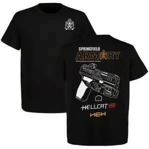 Springfield Armory Hellcat Pro T-Shirt, Features Graphic of Hellcat Pro Pistol with "Springfield Armory" Branding, "The First Name in American Firearms" Slogan, Unisex Casual Tee, Perfect Gift for Gun Enthusiasts, Menswear Top Streetwear Casual