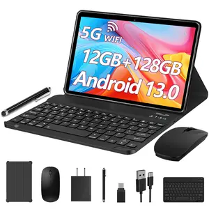 Android 14 Tablet Bundle, 10.1" IPS HD Display, 6GB Native RAM (Supporting 12GB Expand) + 128GB ROM (Up to 1TB Expandable), Quad-Core Processor, 8000mAh Battery, Dual-Band WiFi, Complete Set with Keyboard, Mouse, Stylus & Case, WiFi-Only Tablet PC