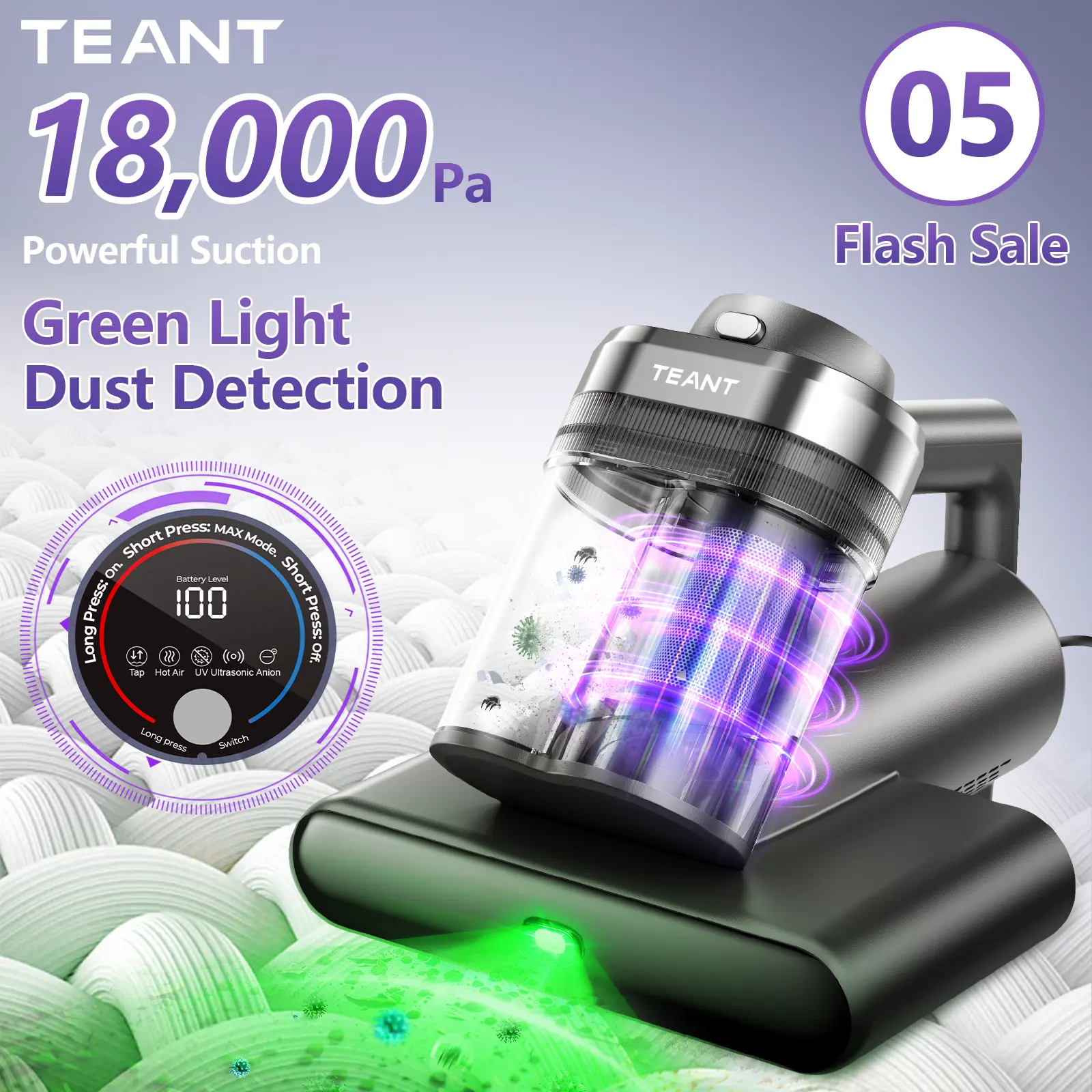 【Flash Sale】Teant Mattress Vacuum Cleaner(05)with Dust Sensor & Green Light Detection, 18kPa Suction + 33000 RPM Tapping, UV & Ultrasonic Dust Mite Removal, Aroma Tablet, Pet Hair Cleaner for Bed Sofa Baby Crib,summerwins