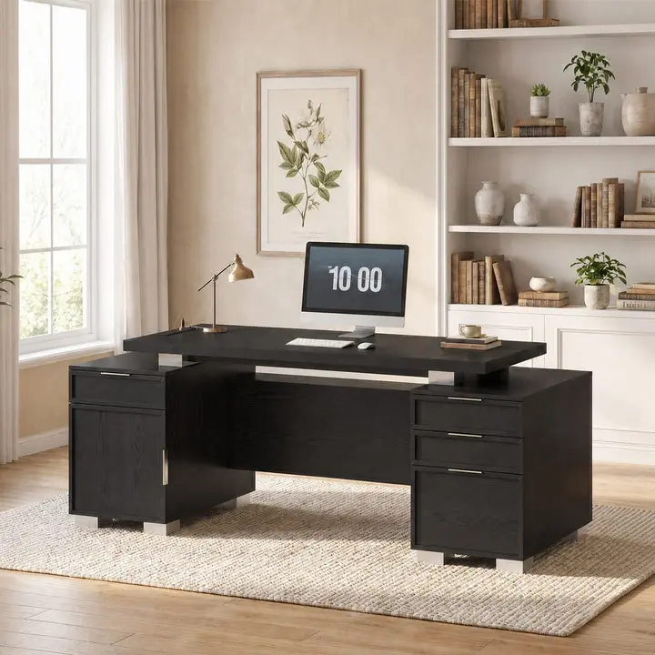 Sikaic 80.6" Modern Executive Desk with Power Outlet & 3 Large Cabinets, Home Office Desk with Privacy Panel & File Drawer for Home Office, Living Room,  Black Study Work Table Summerwins