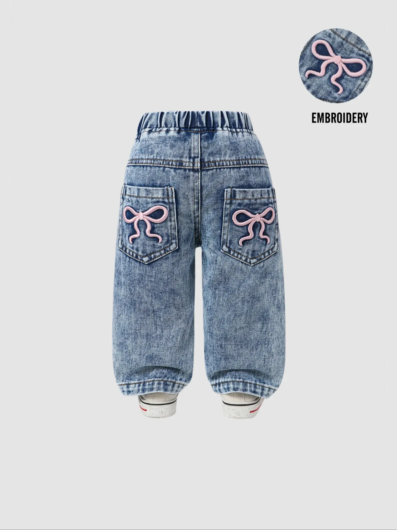 Cute Bow Embroidered Baby Girl Jeans, Elastic Waist Wide Leg Denim Jeans, Casual Daily Wear, Light Wash, Loose Fitting Pants, Balloon Pants