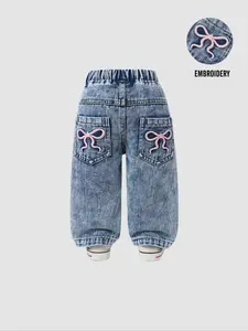 Cute Bow Embroidered Baby Girl Jeans, Elastic Waist Wide Leg Denim Jeans, Casual Daily Wear, Light Wash, Loose Legged Pants