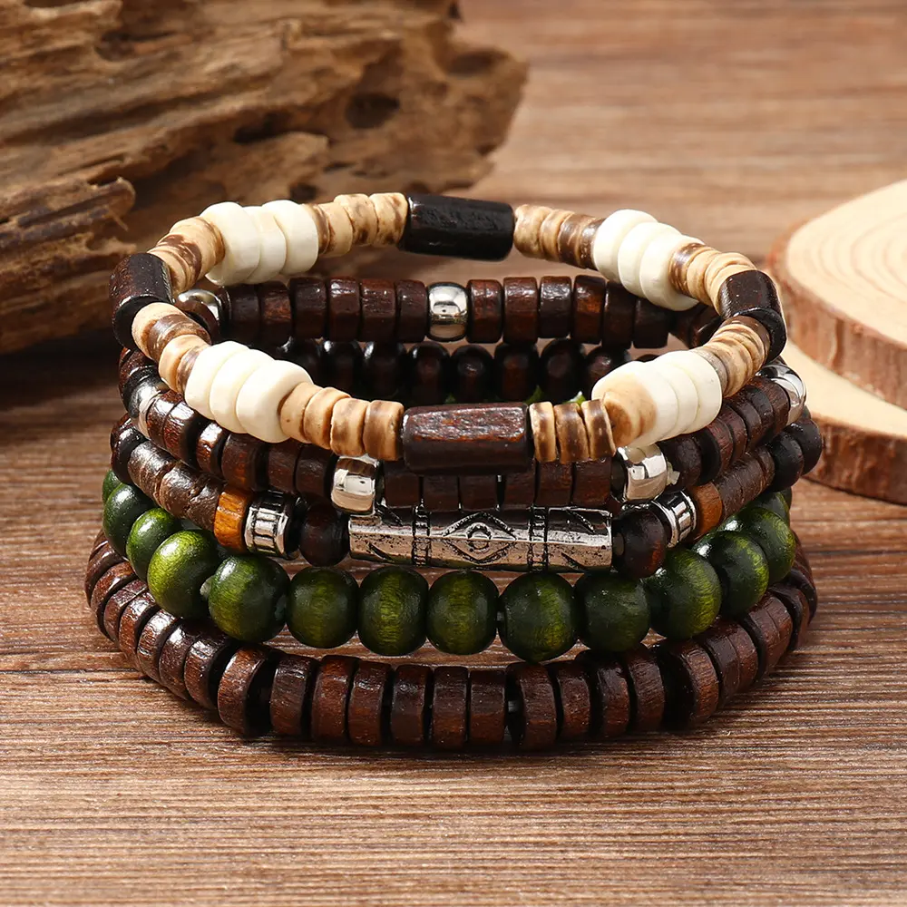Men's Unisex Boho Style Retro Multi-Layer Bracelet - Coconut Shell & Wood Beads, Elastic Stretch Sports & Outdoor Wristband, Boho Style Bracelet