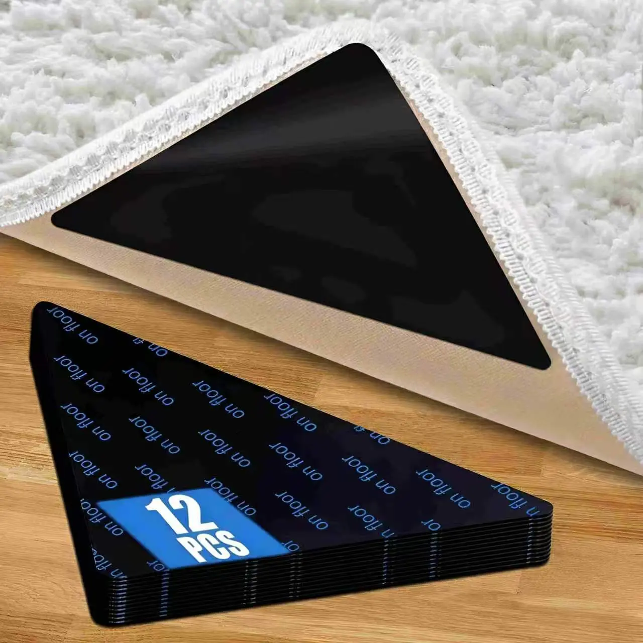 12-Pack Carpet Tape: Anti-Slip Carpet Grippers for Hardwood Floors and Tiles; Reusable Area Rug Tape; Double-Sided Adhesive Carpet Tape to Keep Corners Flat (Black)