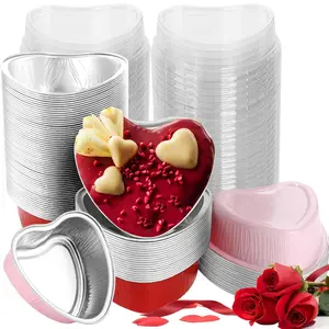 100 Pcs Heart Shaped Cake Pans with Lids Mini Aluminum Foil Cupcake Baking Tins Disposable Heart Shaped Containers for Valentine's Day, Mother's Day, Wedding