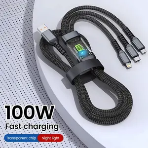 3-in-1 100W Phone Charging Cable, Multifunctional Charging Cable, USB to Type-C Super Fast Charger Cable, Mobile Phone Charger Cable for iPhone 15 14 Samsung Xiaomi Huawei