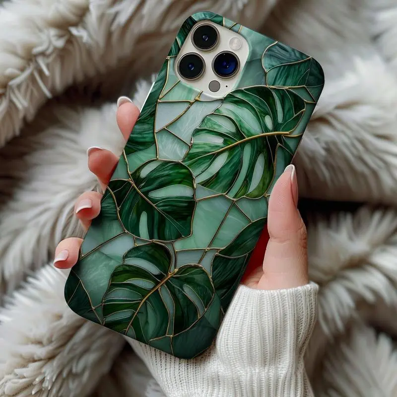 Stained Glass Style Monstera Leaf TPU-Polycarbonate Cellphone Case - Durable, Shockproof, Art Deco Green Houseplant Vintage Protector, Leopard Print Bling Glitter Tough Shell with Camera Protection for iPhone 11,12,13,14,15,16, Halloween Accessories, Came