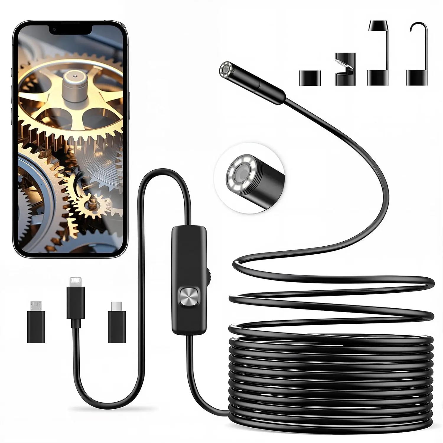 Buy 1 Get 1 Free Dual-Lens Endoscope Camera with Light, 1920P HD Borescope Tools with 8 Adjustable LED Lights, Endoscope with 16.4ft Semi-Rigid Snake Camera, 7.9mm IP67 Waterproof Inspection Camera for iOS and Android