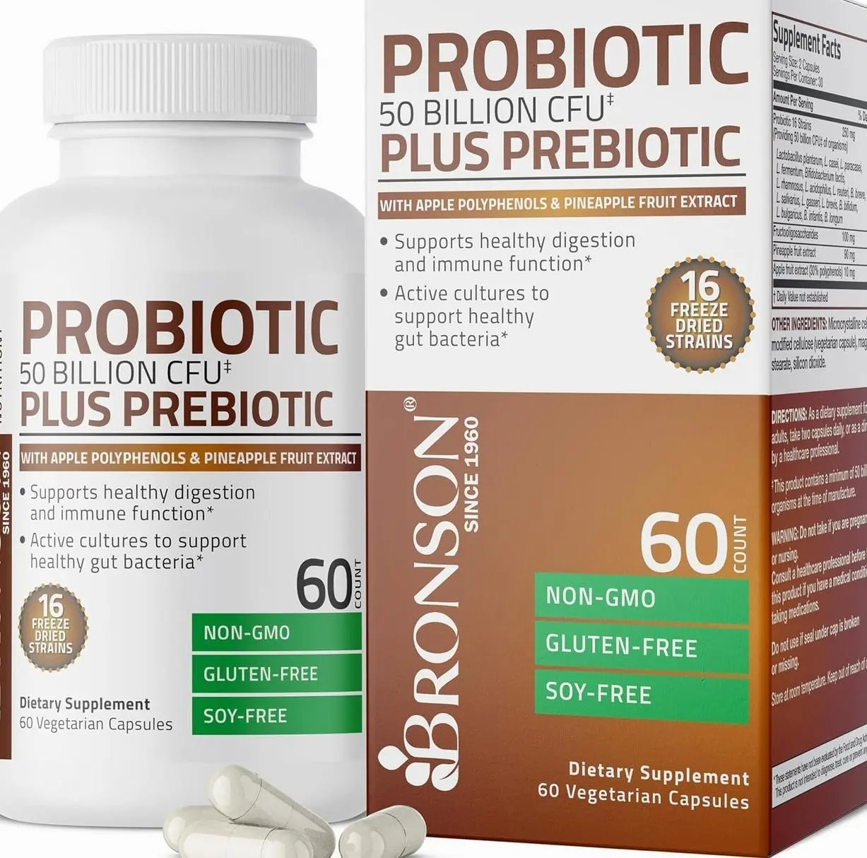 Bronson Probiotic 50 Billion CFU + Prebiotic with Apple Polyphenols & Pineapple Fruit Extract for Women & Men Non-GMO, 60 Vegetarian Capsules