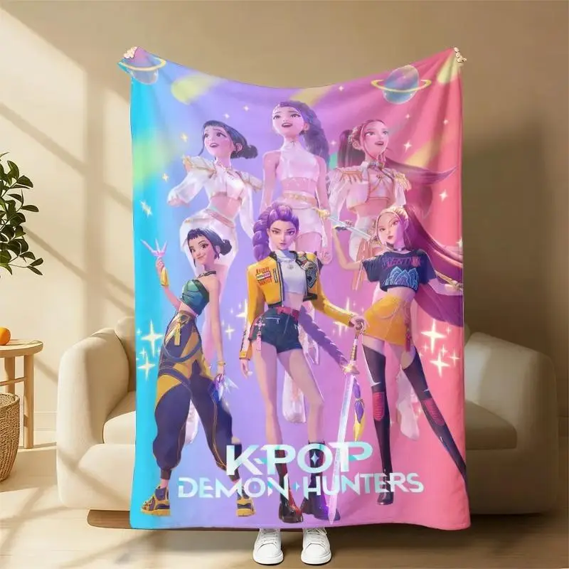 K-POP Demon Hunters Flannel Blanket Dreamy Purple Pink Anime Style Soft Cozy Lightweight Warm Throw Sofa Bed Travel Nap Office Camping Air Conditioner Use Perfect Holiday Gift Home Decor KPOP Fans Teen Girls A gift suitable for fans, friends and children