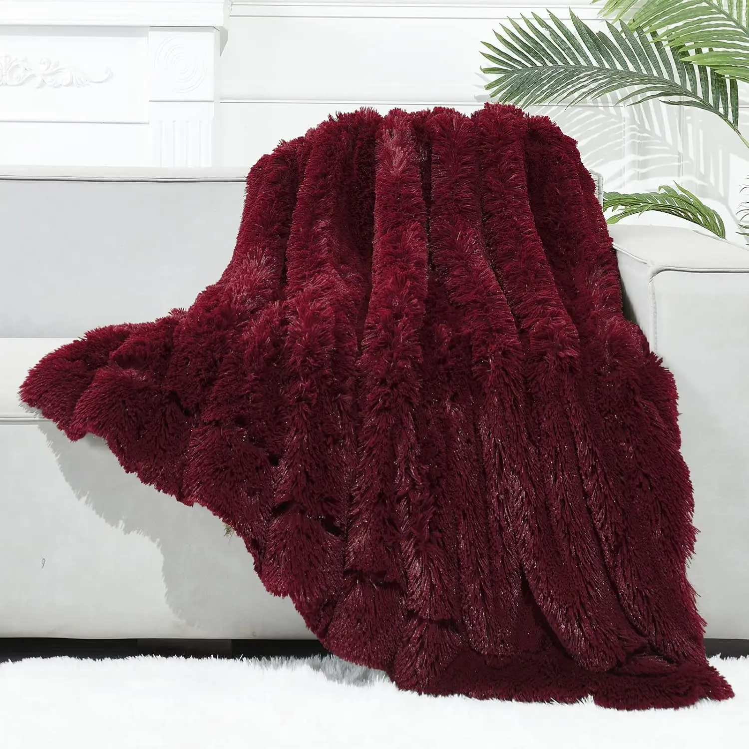 Queen Size Wine Red Faux Fur Throw Blanket - Soft Cozy, Skin-Friendly Mink, Super Plush Shaggy, No-Iron Oversized Fuzzy, Cozy Style for Couch, Modern Home Decor (90"x90"), Blanket For Couch