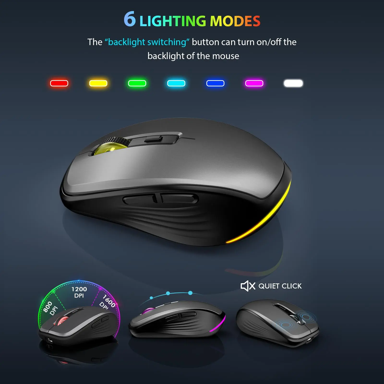 SABLUTE KM61 2.4G Wireless Rechargeable Battery Mouse with USB Receiver, 3 Adjustable DPI Levels, 6 Buttons, Soundless Operation, 7 Colorful Lights, Compatible with Windows, Mac, PC, Notebook