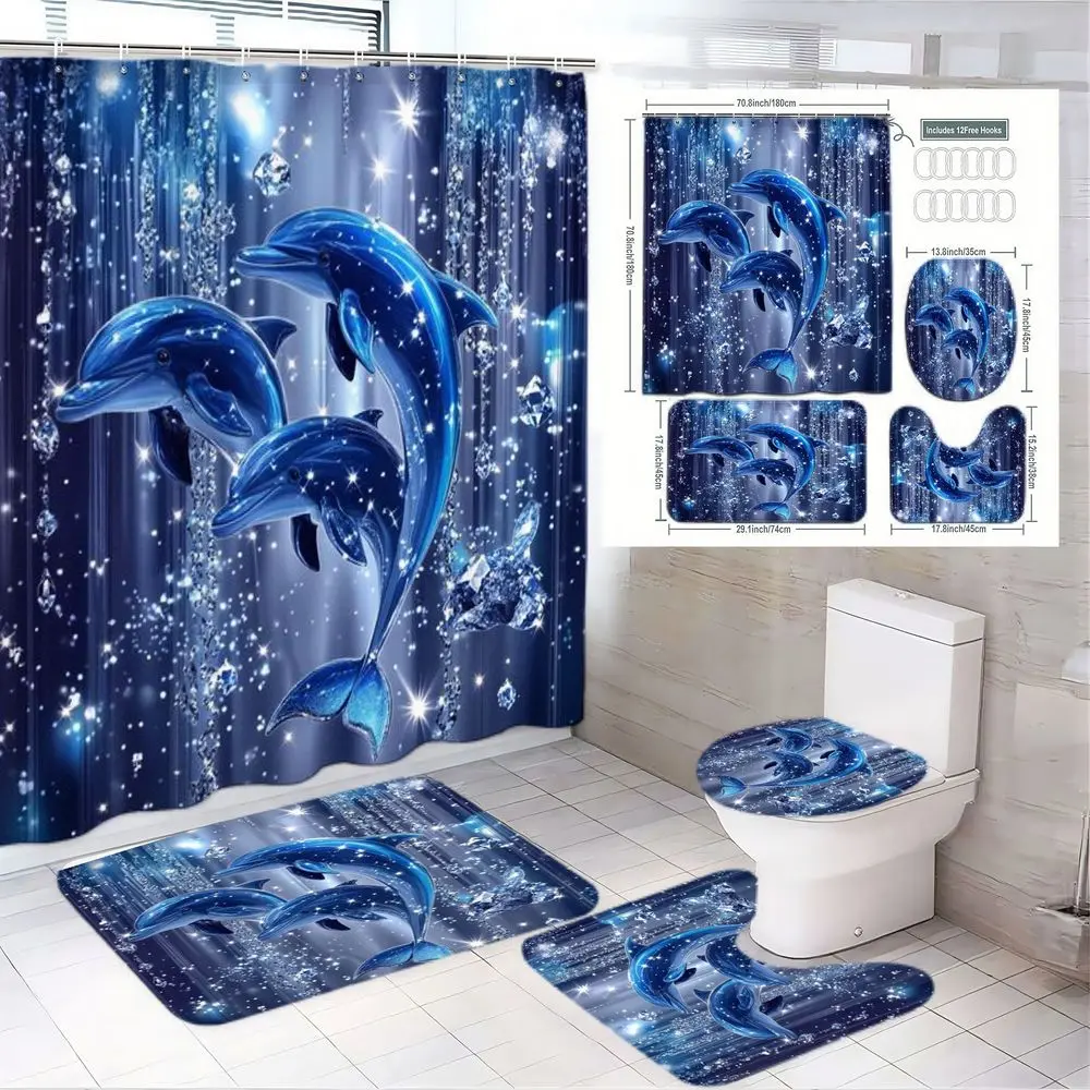 1/4pcs Sparkling Blue Dolphin Bathroom Set - Shower Curtain Sets with 3 Dolphins, 2 Matching Bath Mats & Toilet Lid Cover, Underwater Design, Bathroom Decoration Accessories, Perfect for Ocean-Themed Bathrooms & Holiday Decor, Home Gift