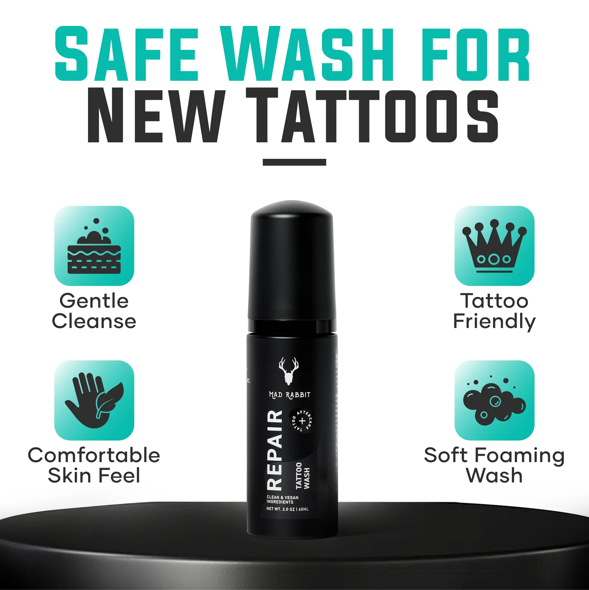 Mad Rabbit New Tattoo Wash - Gentle, Foaming, Alcohol-Free Antibacterial Soap for Tattoo Care & Protection, All Skin Types - As Seen on Shark Tank, Clean & Vegan