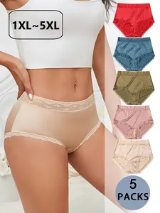 【Plus Size】 Solid Color Lace Trim Panty, Casual Comfy Panties, Breathable Stretch Panties, Comfy Breathable Seamless Knicker for Daily Wear, Women's Underwear for All Seasons