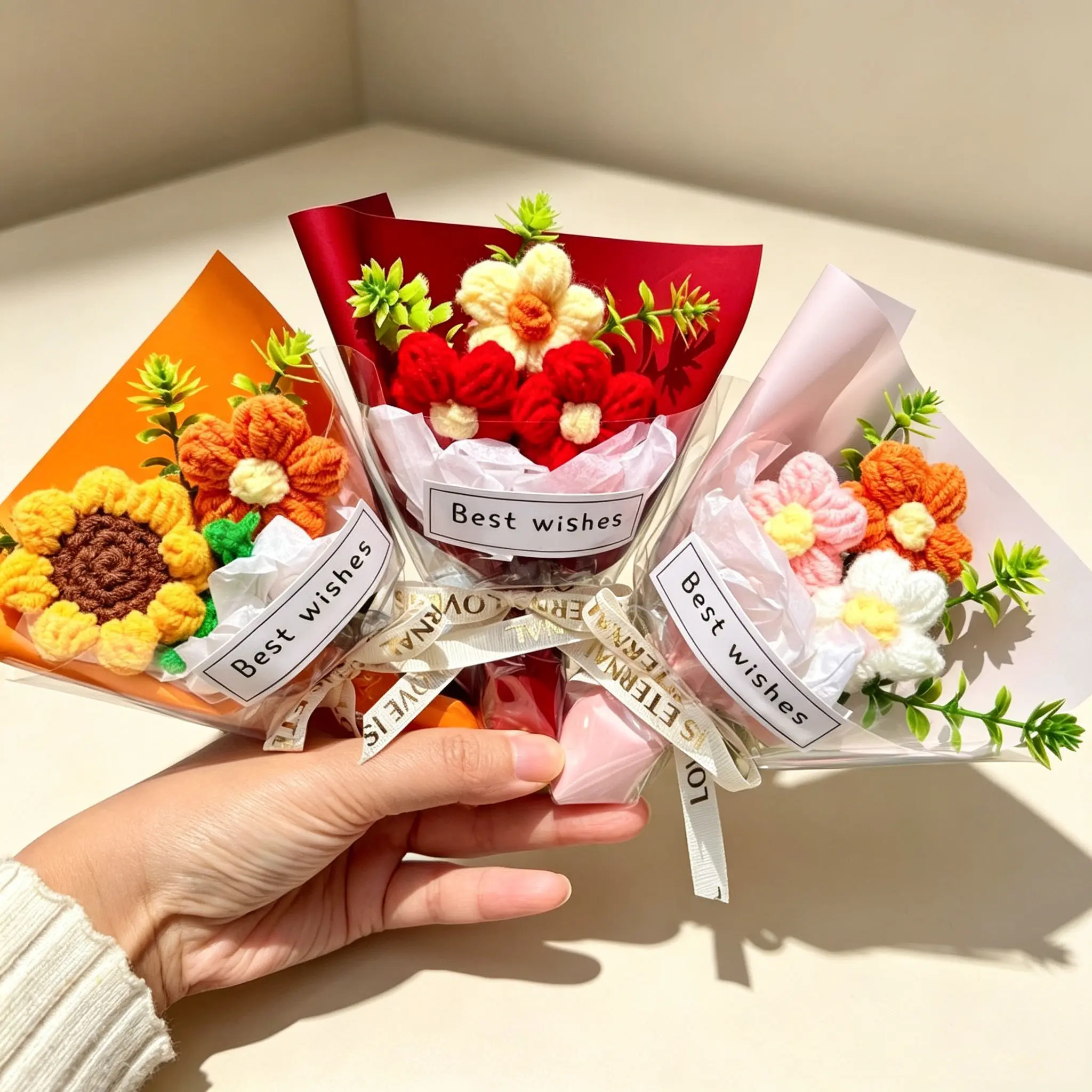 Mini Crochet Flower Bouquet, Handmade Knitted Small Flower Bouquet Gift for Birthday Graduation Party
