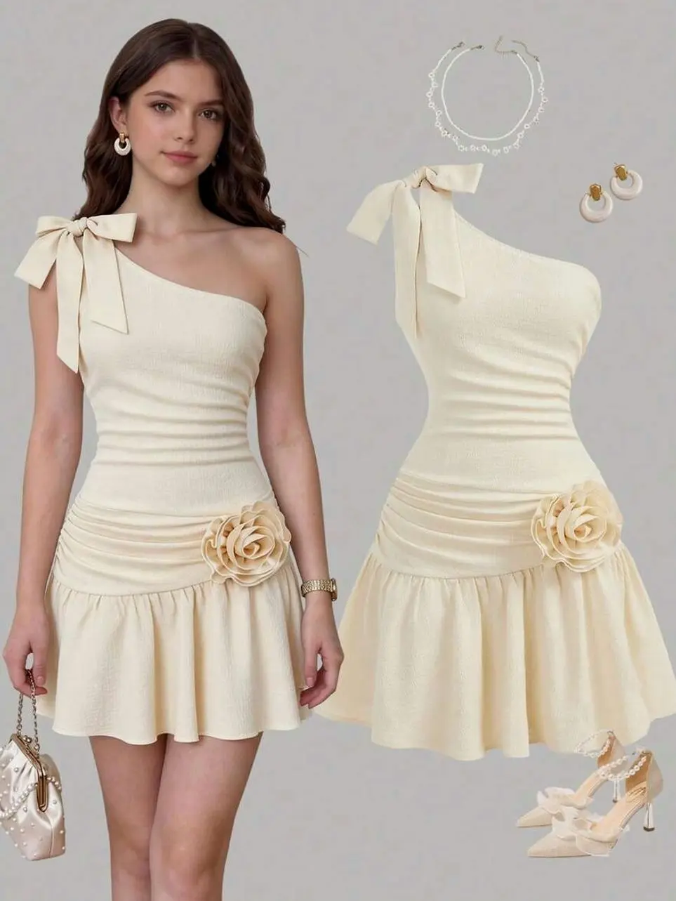 Teen Girls Beige Off-Shoulder 3D Floral Summer Dress, Elegant Vintage Bow Tie Dress for Prom, Birthday and Wedding