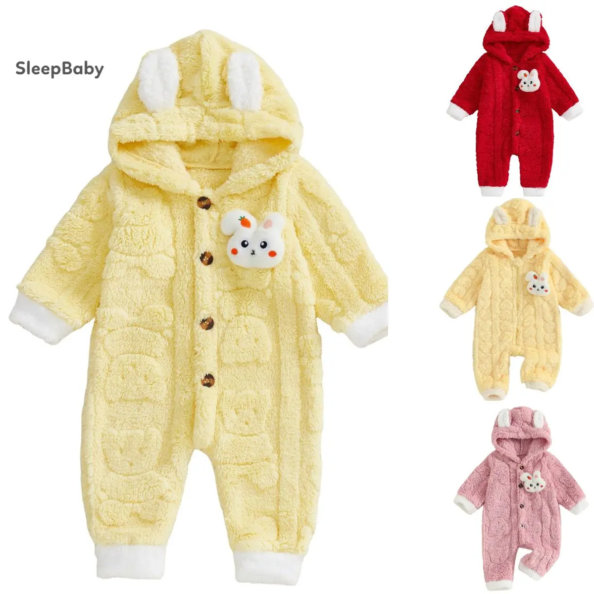 Unisex Baby Plush Animals Romper with Cute Bunny Ear Hood, Long Sleeve Full Length Polyester Jumpsuit for Casual Winter Wear, Baby Clothing, Bodysuit Clothes, 0 - 3 Months, 6-9 Months, Casual Wear