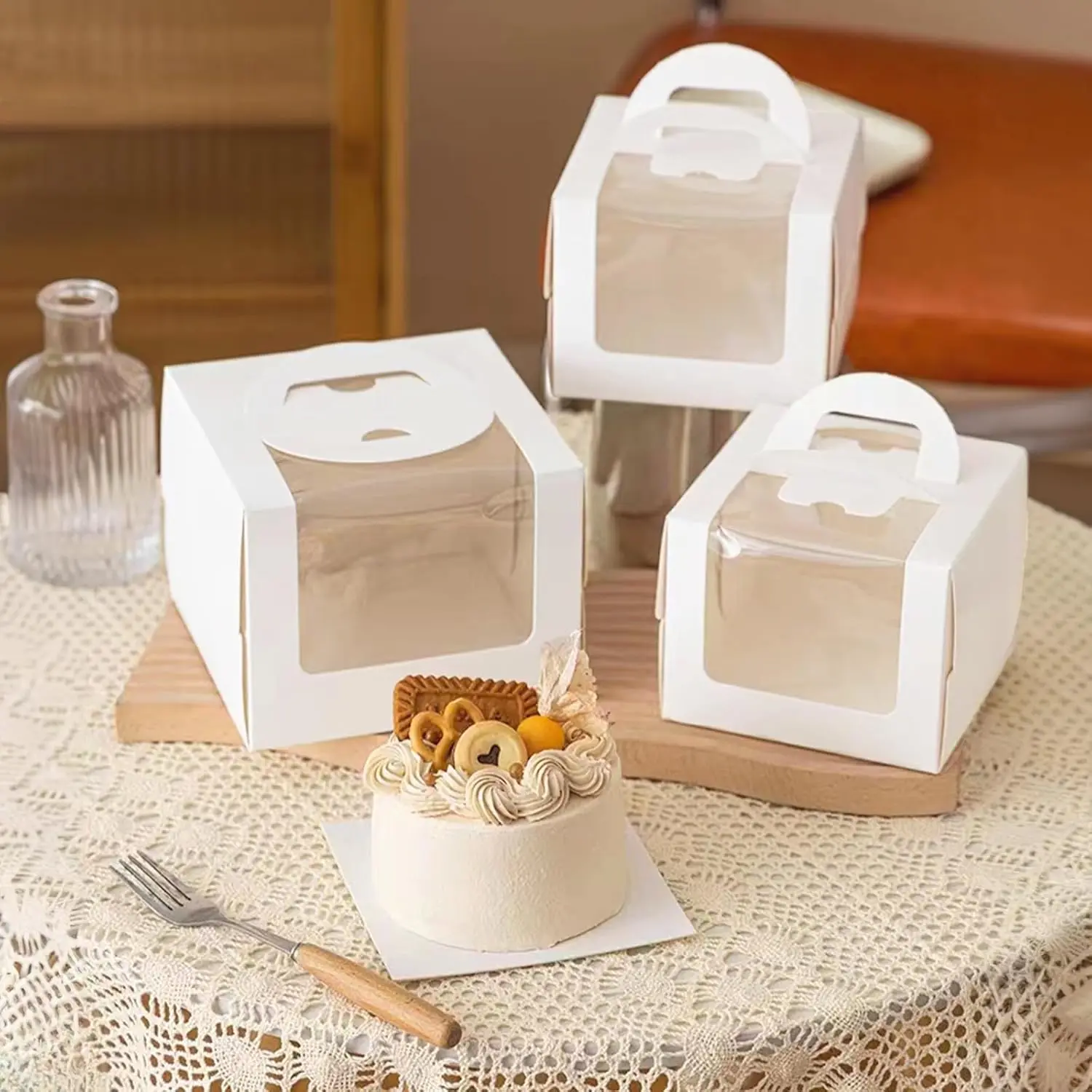 8 Pcs 6.3x6.3x6 Inch White Cake Boxes with Handle & Boards, Easy Carrying Paper Cake Containers, Cake Holder Window Carriers for Birthday Christmas Birthday Wedding, Party, Gift Premium Cake Box Baking Supplies Bakery Supplies Baking Accessories