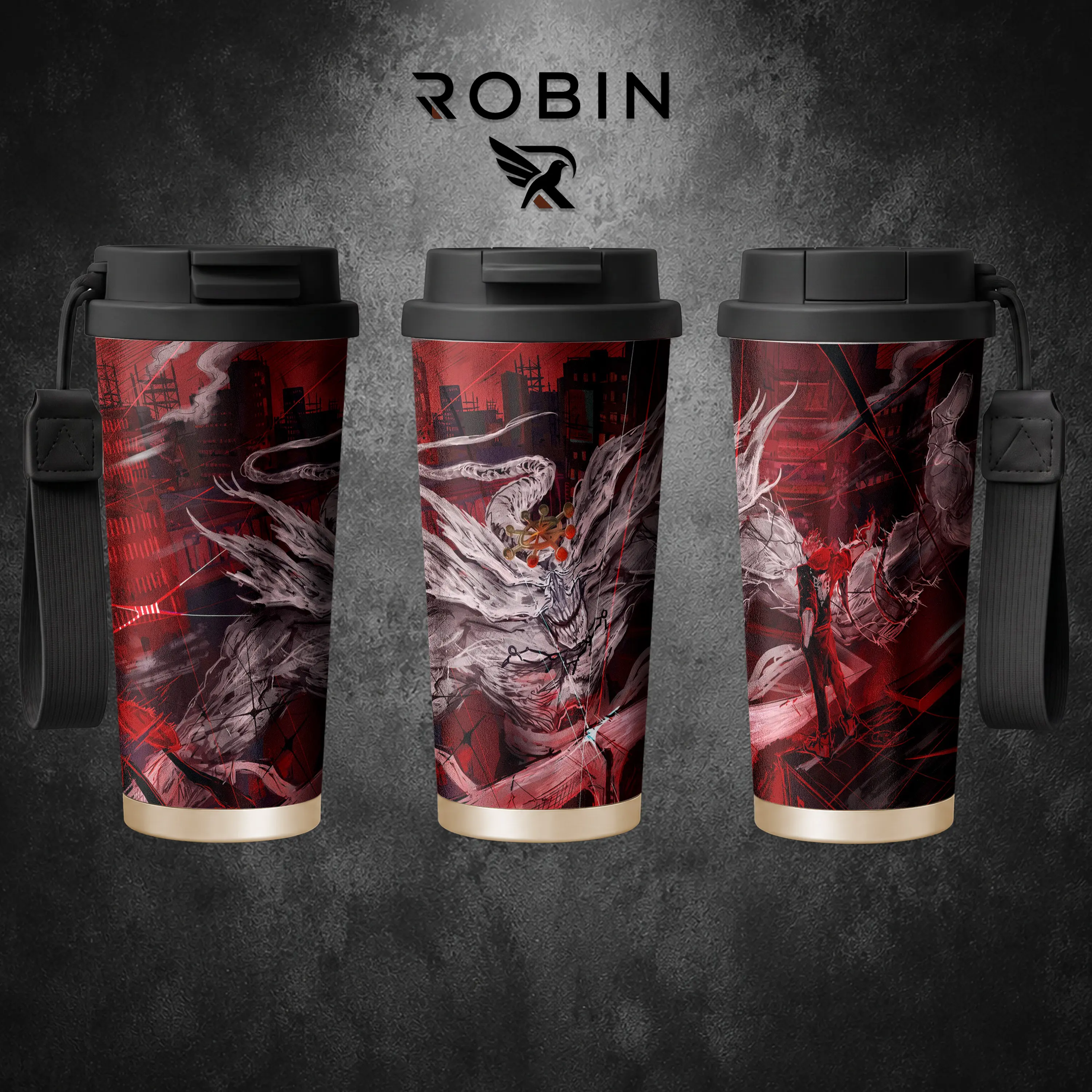 Mahoraga 17oz/30oz Insulated Tumbler Water Bottles, Jujutsu Kaisen Anime Stainless Steel Travel Cup with Carry Strap or Handle, Built-In Straw Flip-Top Lid, Hot Cold Drink Mug, Anime Gift for Fans