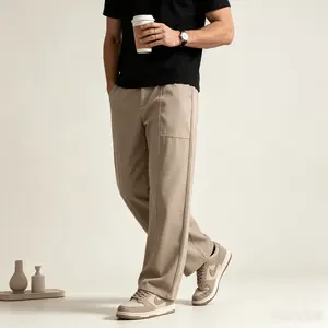 Men's Khaki Stitched Panel Workwear Pants, Relaxed Wide Leg Fit with Structured Drape, Soft Heavyweight Plain Twill for Vintage Streetwear athletic men Classic Casual Beige comfortable long loose sport pant full-length