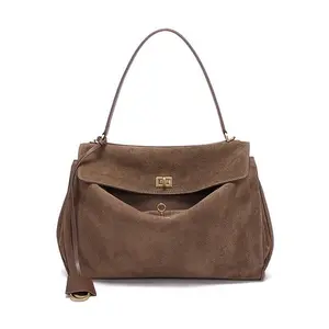 Fashionable Cowhide Suede Shopper Bag – Light Coffee, Everyday Design with Gold Accents”