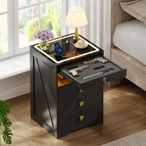 Vlsrka LED Nightstand with 3 Drawers, Glass Top Bedside Table with Wireless Charging Station, Modern Night Stand with Auto Sensor, Bedroom Smart End Table